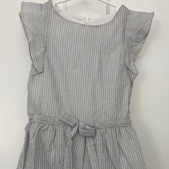NWT Jacadi Girls Dress Pinafore Sleeveless Ruffle Belt Gray Blue Stripe 2T 88cm - Picture 3 of 6